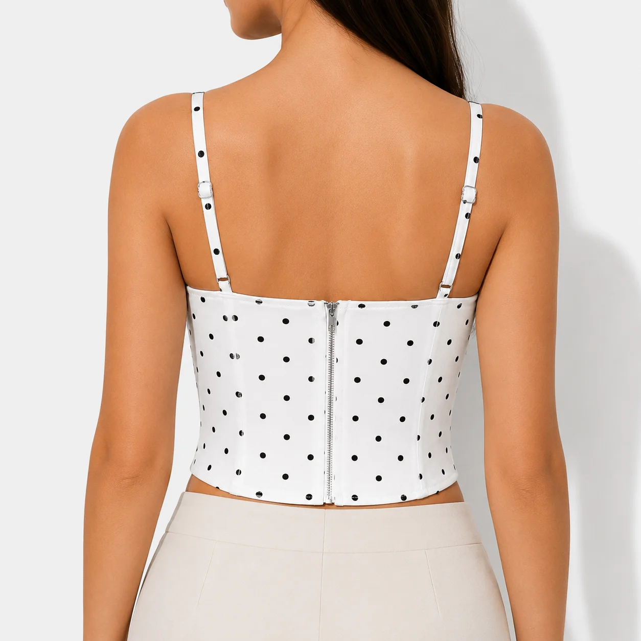 White Polka Dot Bow Decorated Corset Top for Women Cute Adjustable Spaghetti Straps Form Fitting Cropped Bustier Crop Top