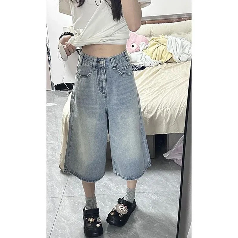2026 Summer High Street Women Baggy Thin Jeans Female High Waist Capri Pants Girls Solid Color Leisure Denim Shorts