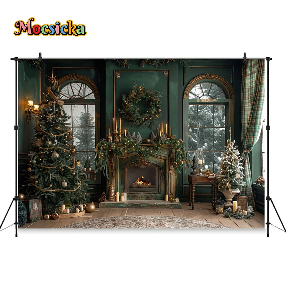 Green Christmas Photography Background Gold Fireplace Window Candle Xmas Tree Backdrop Winter Gift Room Family Kid Photo Studio