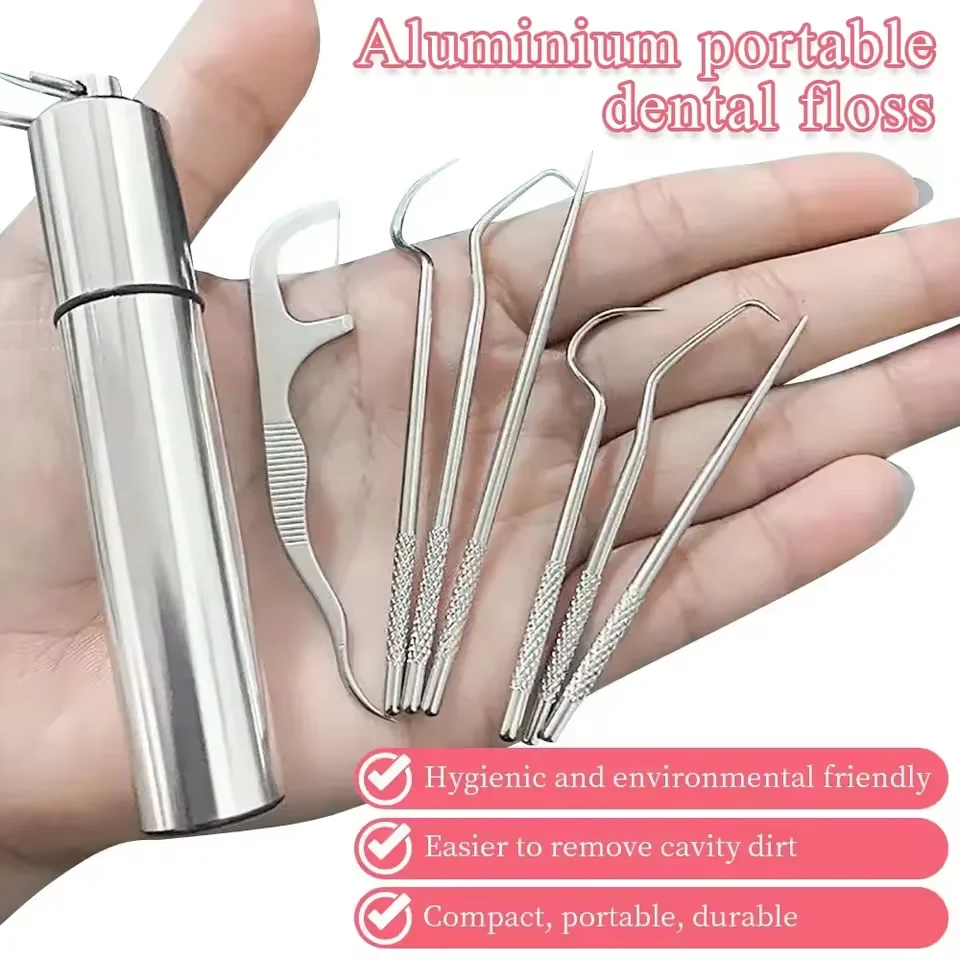 7pcs/set Portable Teeth Cleaner for Oral Clean Reusable Toothpicks Tooth Flossing Tartar Removal Set Stainless Steel Toothpick