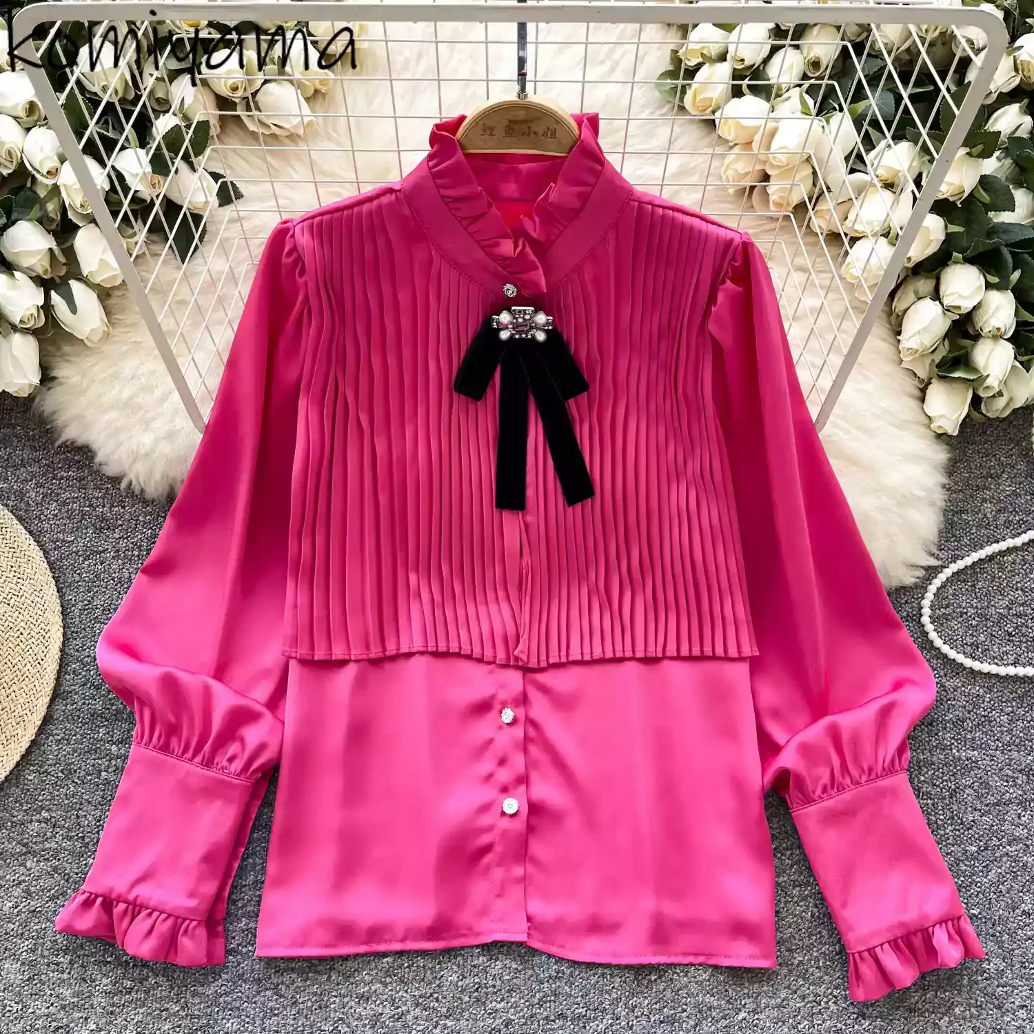 

Spring Pleated Blusas Mujer 2025 New Bow Shirts & Blouses Small Fragrance Women Clothing Fashion All-match Camisas Ropa