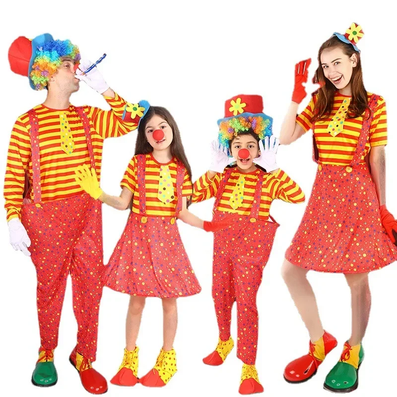 Disfraz de payaso a rayas para adultos y niños, sombrero rojo para Halloween, Cosplay