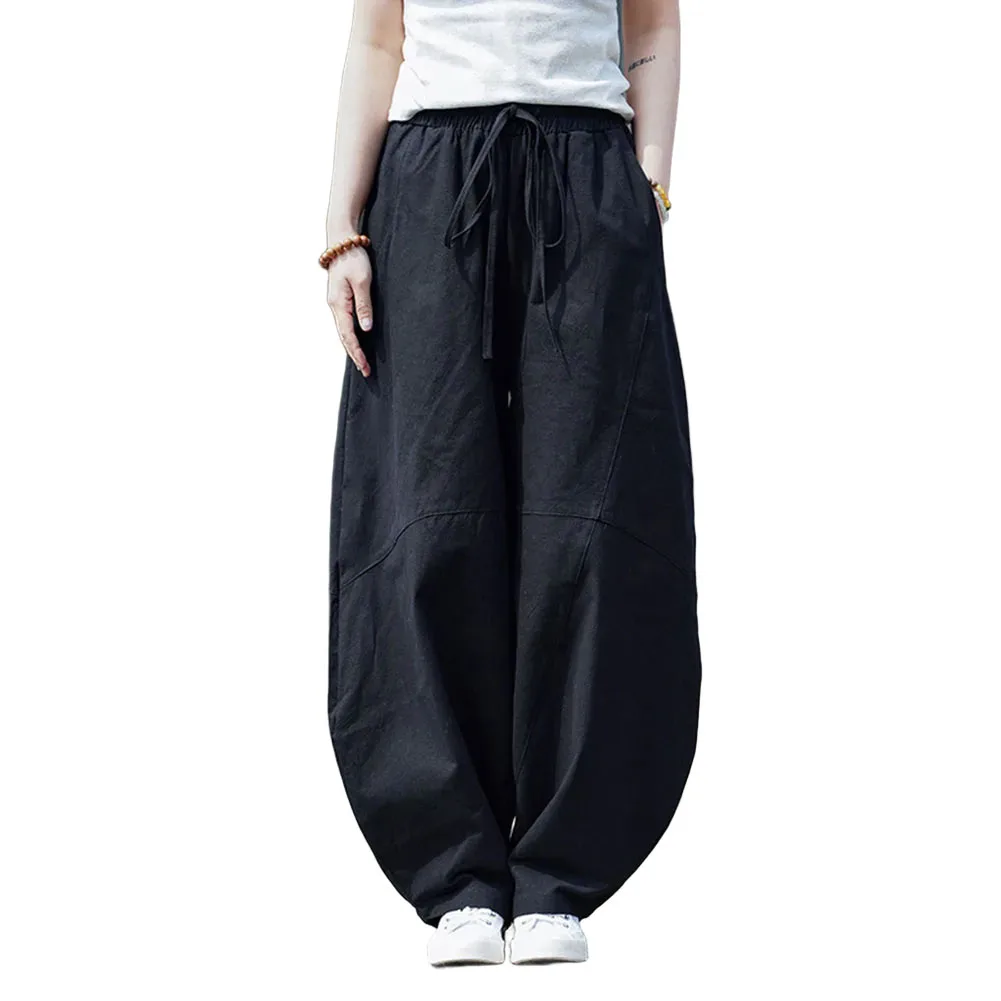 Men's Thin Vintage Loose Bloomers Pants Solid Patchwork Elastic Waist Trouser Fashion Straight Pants