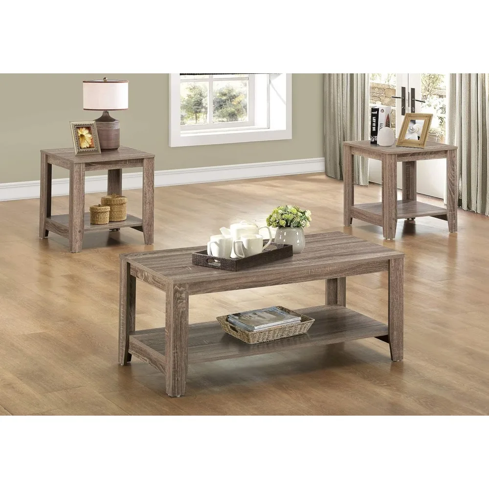 Monarch Specialties 3-Piece Coffee Table Set with End and Side Tables, Brown Laminate, Transitional Style for Living Room