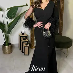 Aileen Feather Long Sleeves Black Chubby Elegant Party Dresses 2024 for Wedding Evening Woman Gala Prom Dress Graduation Saudi