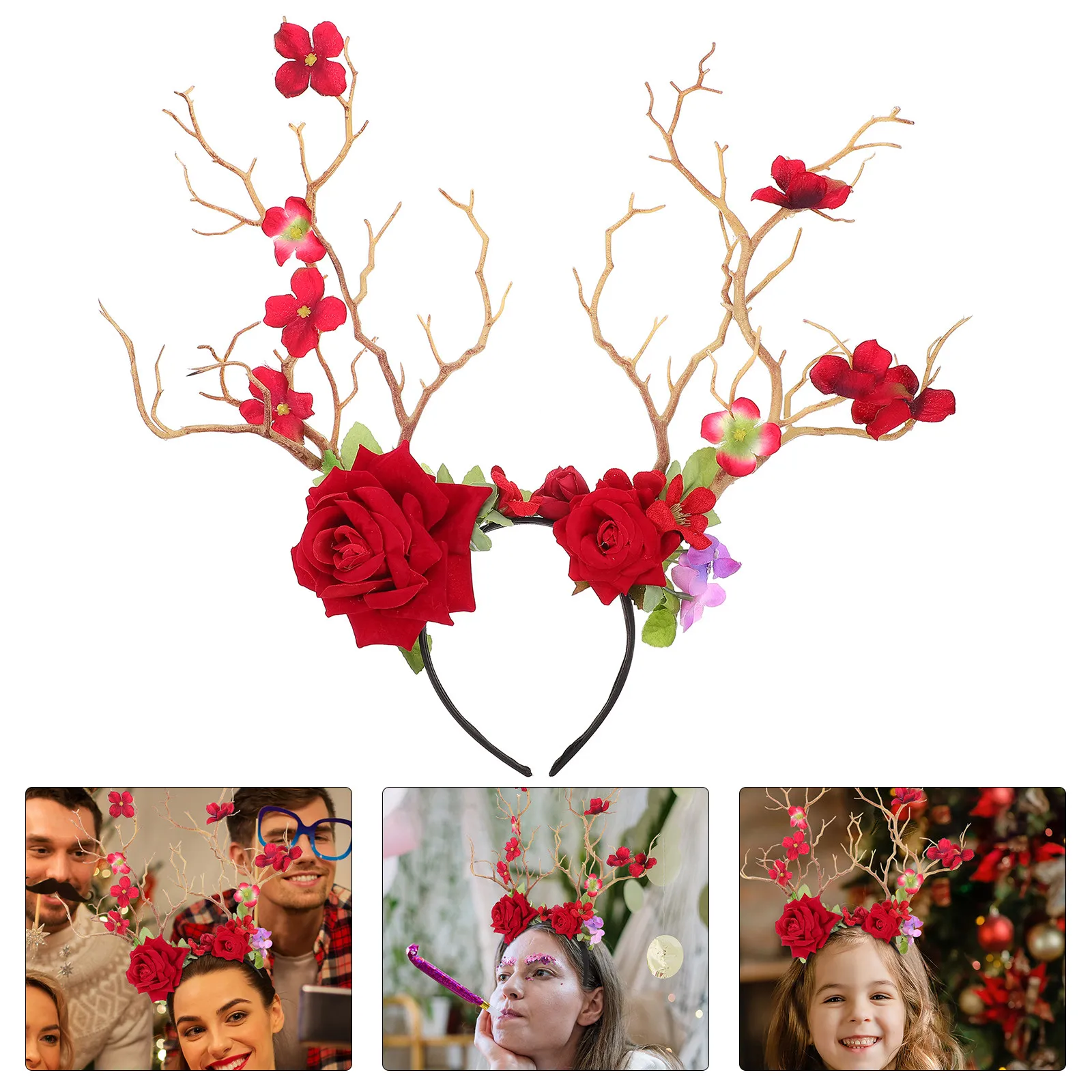 

1Pcs Creative Deer Horn Modeling Hairband Flower Decor Party Headdress Festival Prop Costume Event Photo Activity Headband