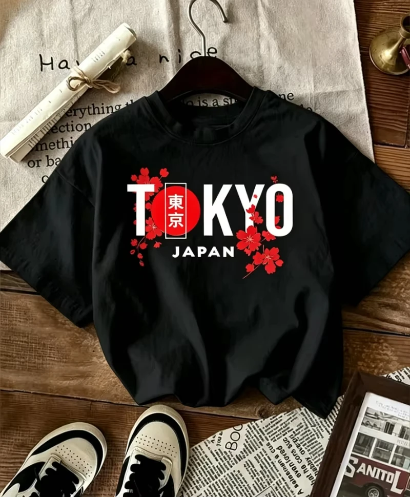 Tokyo Japan Cherry Blossom Print T-shirt Retro City Graphic Short Sleeve Tops Men Women Casual Loose Streetwear Daily Wear Tee