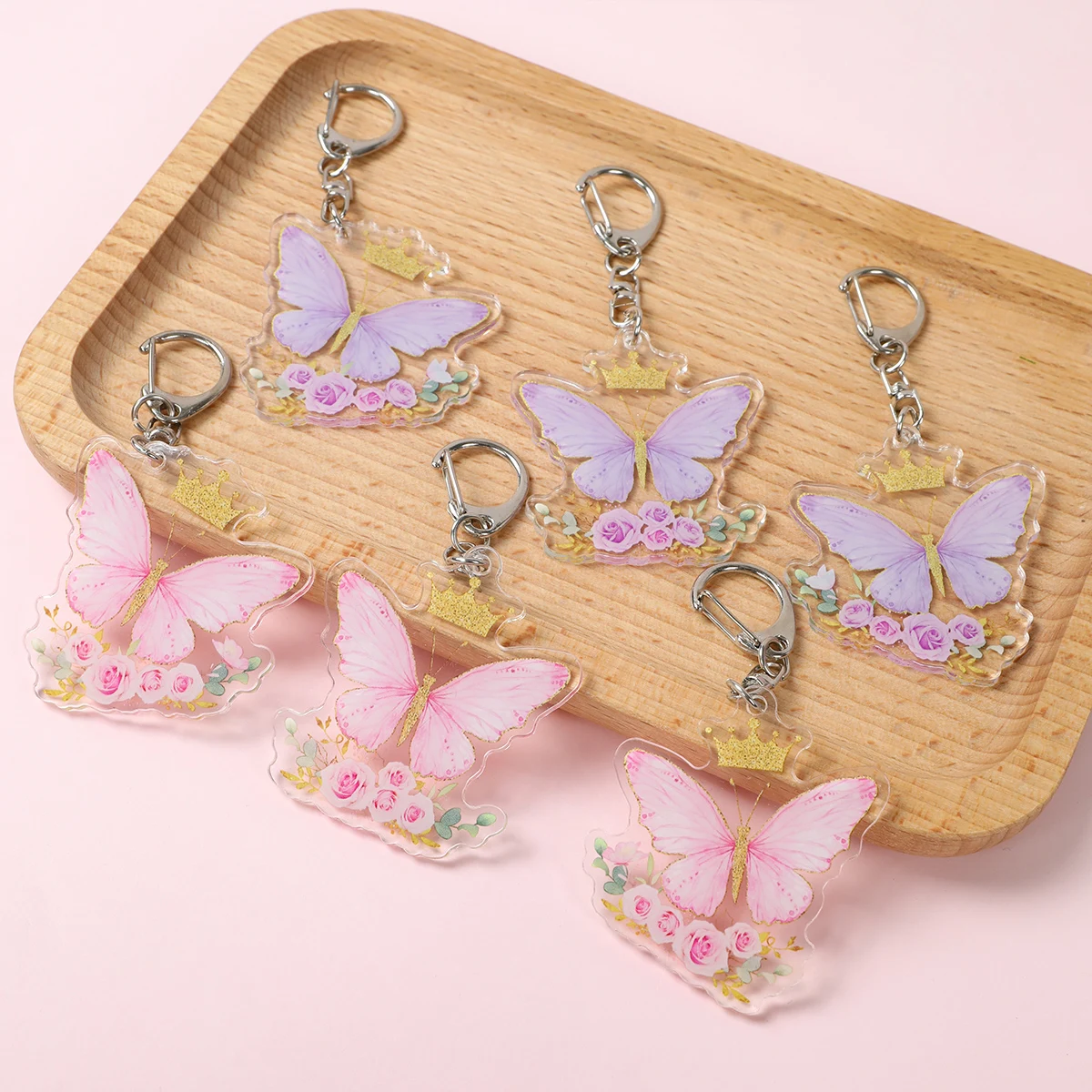 Pink Butterfly Acrylic Pendant Girls Birthday Party Gifts Decoration Purple Butterfly Wedding Birthday Key Chain Favors