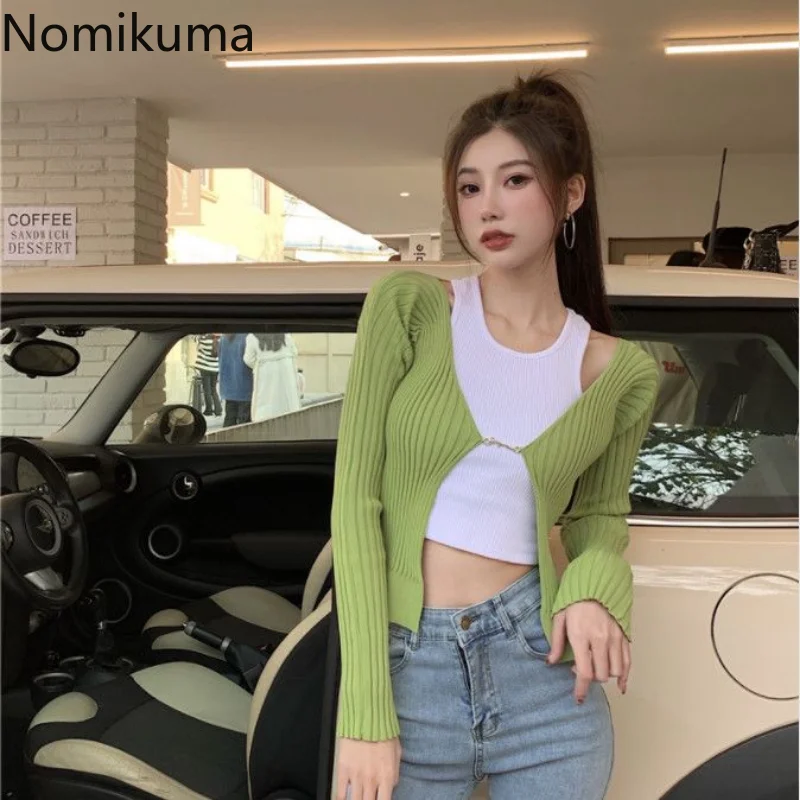 Nomikuma Sweater Autumn Winter Slim Hollow Out Contrast Color 2 Piece Knitted Women Clothing Elegant Fashion Sexy Y2k Clothes