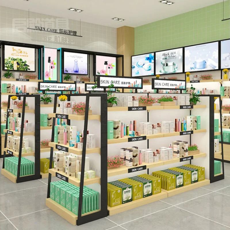 custom.High Quality Customized Wooden Makeup Skincare Display Shelves Cosmetic Store Shelf Display Stands