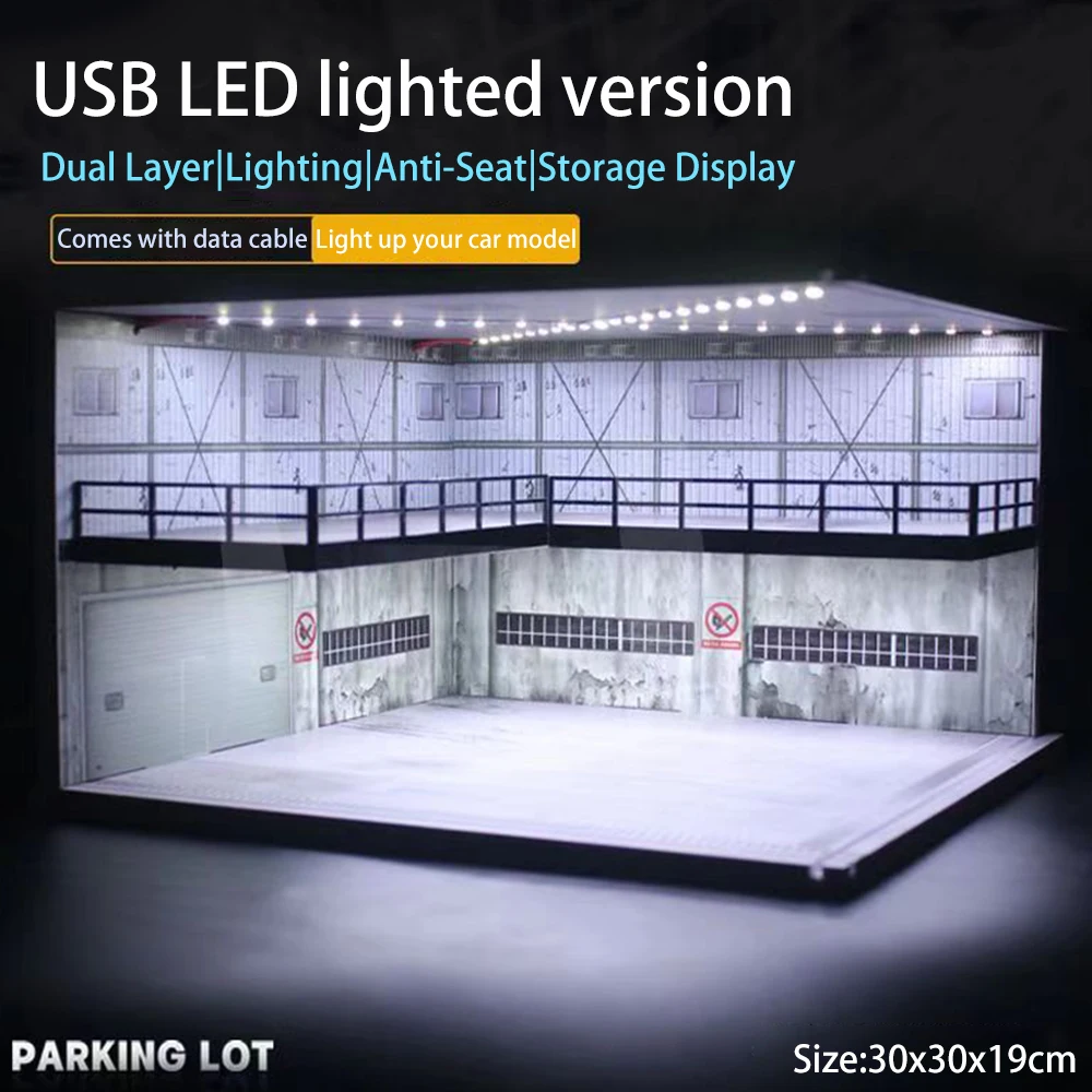 1/64 1/18 1/24 1/32 1/43 Scale Car Garage Diorama Models Set Scene LED Parking Lot Model for Matchbox Hot Wheels Collection