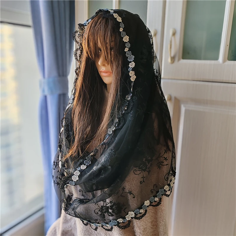 

Бесконечная мантилья шантильи, вышитая кружевная женская вуаль, покрытие головы, месса, католическая часовня, подарок, синяя отделка, винтажная испанская