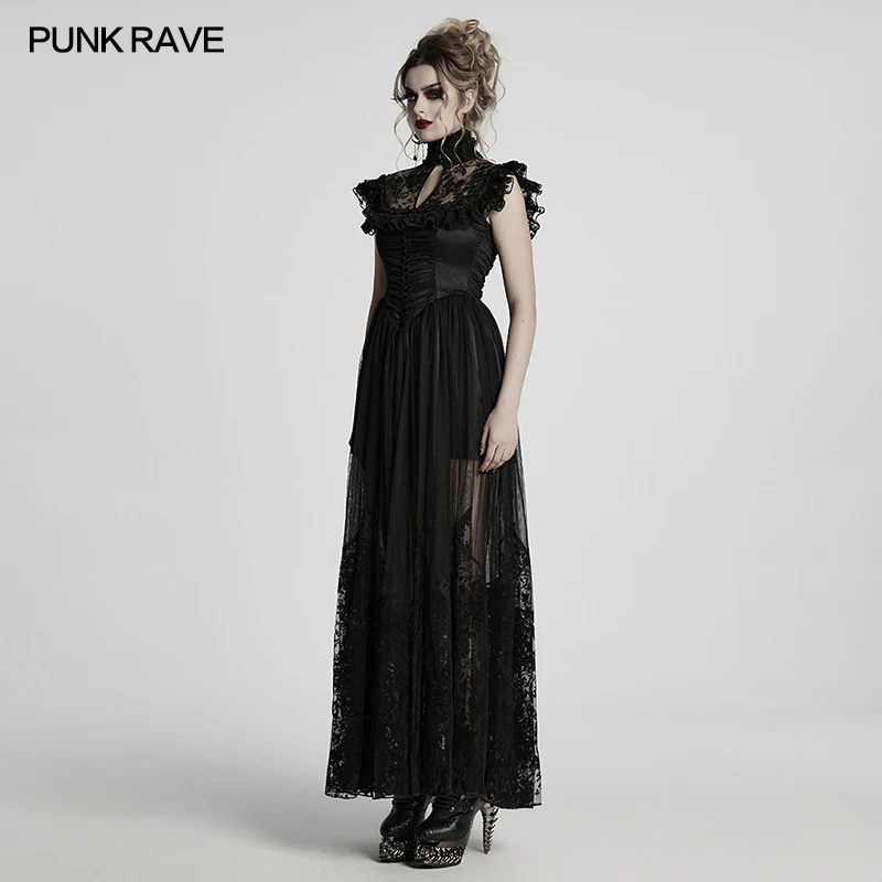 فاسق الهذيان المرأة القوطية منظور المخملية يتدفقون شبكة الساتان ليتل تحلق كم فستان أنيق أثيري حفلة فساتين طويلة