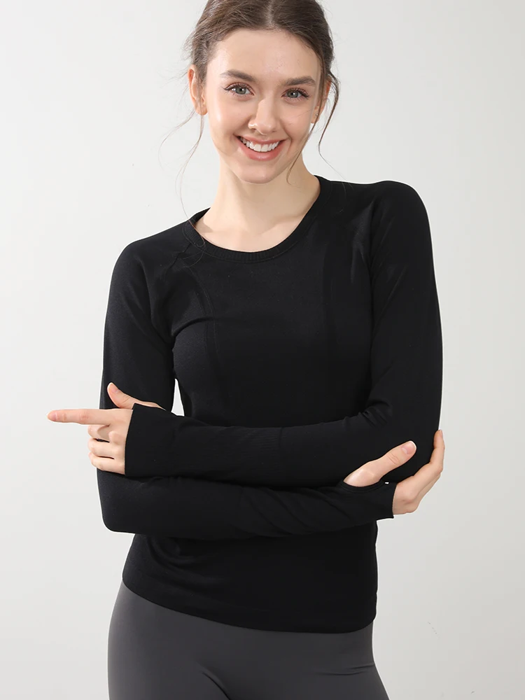 Nahtloses Yoga-T-Shirt für Damen, Sport-Top mit Rundhalsausschnitt, schmal geschnitten, langärmelig, für Laufen, Fitness, Workout, Gym – Detail 5