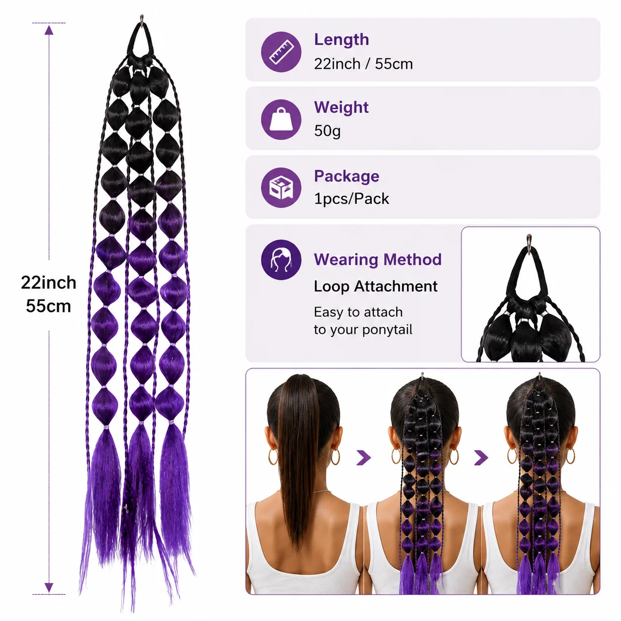 55cm 22 Zoll Bubble Braids Haarverlängerung Synthetischer Geflochtener Pferdeschwanz Haarteil mit Schlaufenbefestigung für Damen Festival Party Frisur – Detail 2
