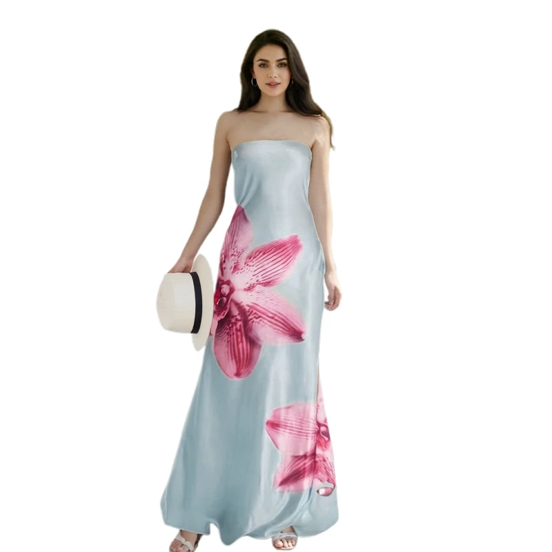 Women Strapless Floral Print Maxi Dress Sexy Cutout Backless Tube Dress Coquette Satin Long Dress Vacation Boho Beachwear