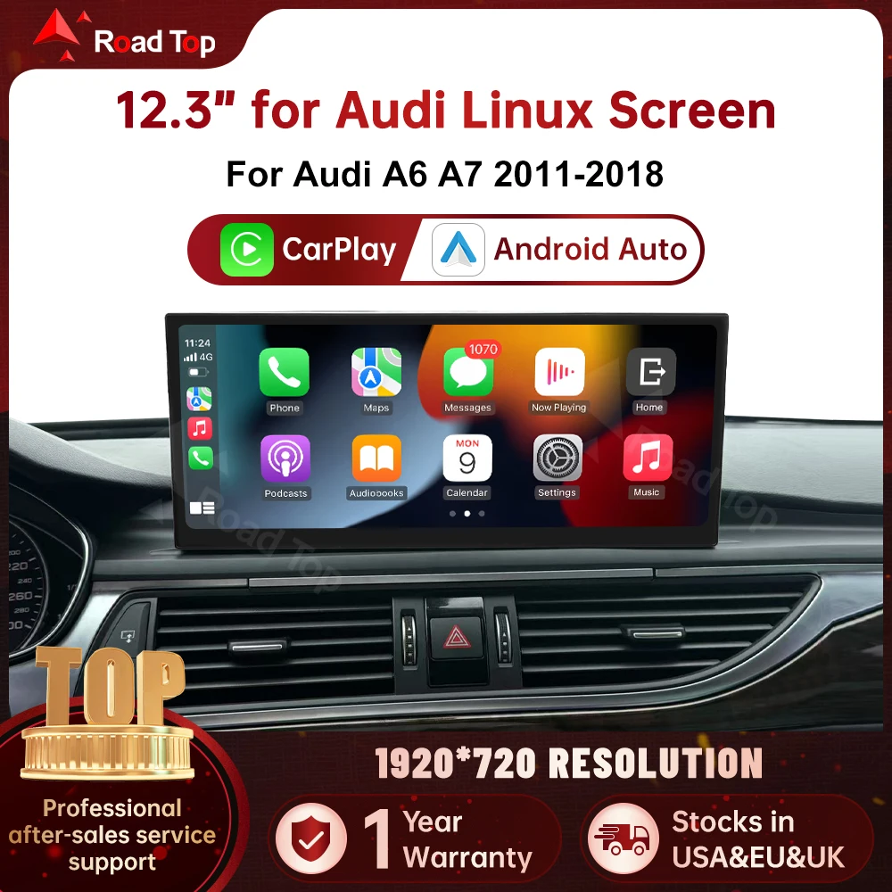 Pantalla multimedia inalámbrica RoadTop de 12.3 pulgadas con CarPlay, Android Auto, Airplay, Autolink y Linux para Audi A6 A7 2011-2018 RMC HN+ 2