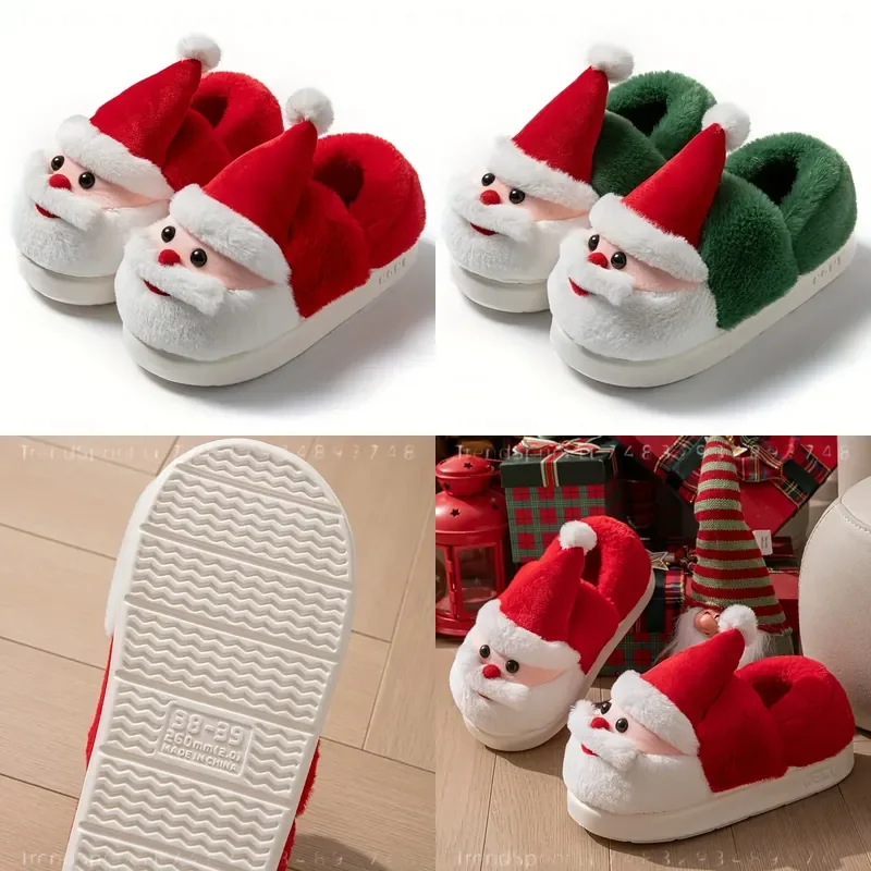 Santa Claus Christmas Slippers Unisex Couple Winter Shoes Warm Thick Fluffy Cold‑Proof Cute Indoor Casual Slippers For Men Women Holiday Home Xmas Wear
