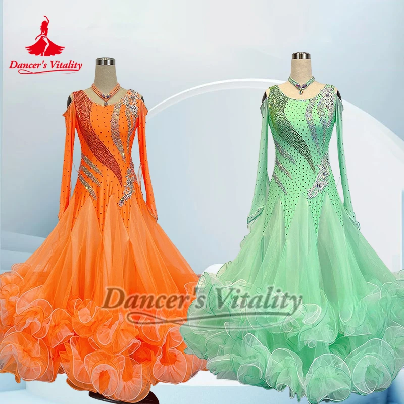 Adult Mint Green Social Dance Long Sleeves Dresses with Necklace Advanced Custom Waltz Orange Contest Clothing Dancer's Vitality