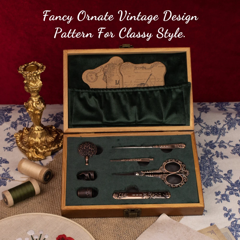Komplettes Vintage-Nähset im europäischen Stil, Retro-Nähset in Holzbox mit antiken Stickerscheren und Nadeln für DIY-Bastelarbeiten – Detail 9