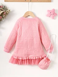 2PCS Children Girlsl Dress Long Sleeved Embossed Letter Mesh Dress with Bag Fashion Cute  Princess Dress for Kid Girl 2-8 Years
