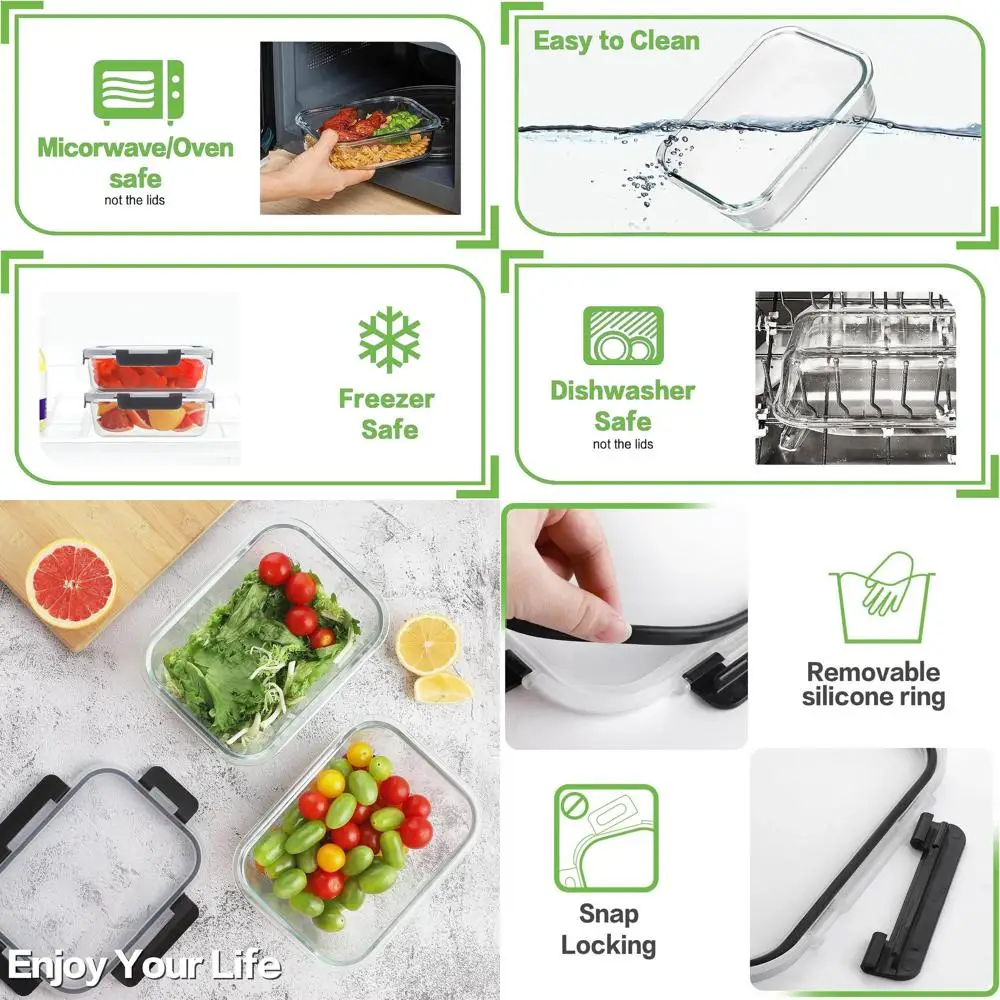 

Set of 8, 36oz Glass Meal Prep Containers with Leak-Proof Lids, Airtight for Kitchen Storage, Oven and Dishwasher Safe