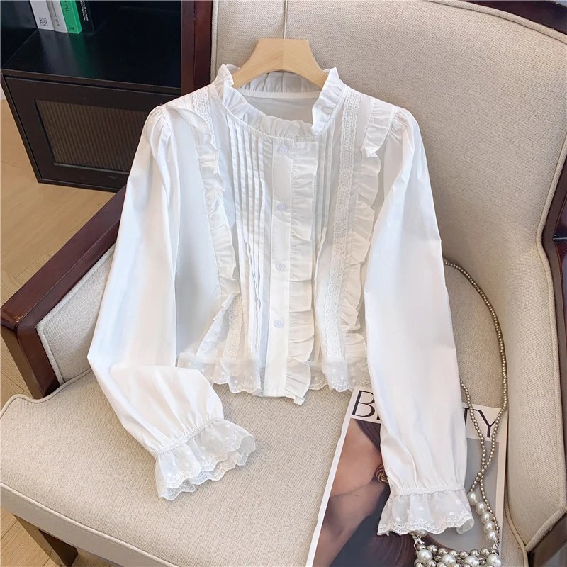 Bomon wooden lace stand collar shirt 2024 autumn new Korean version of girls sweet solid color all over the trumpet sleeve top