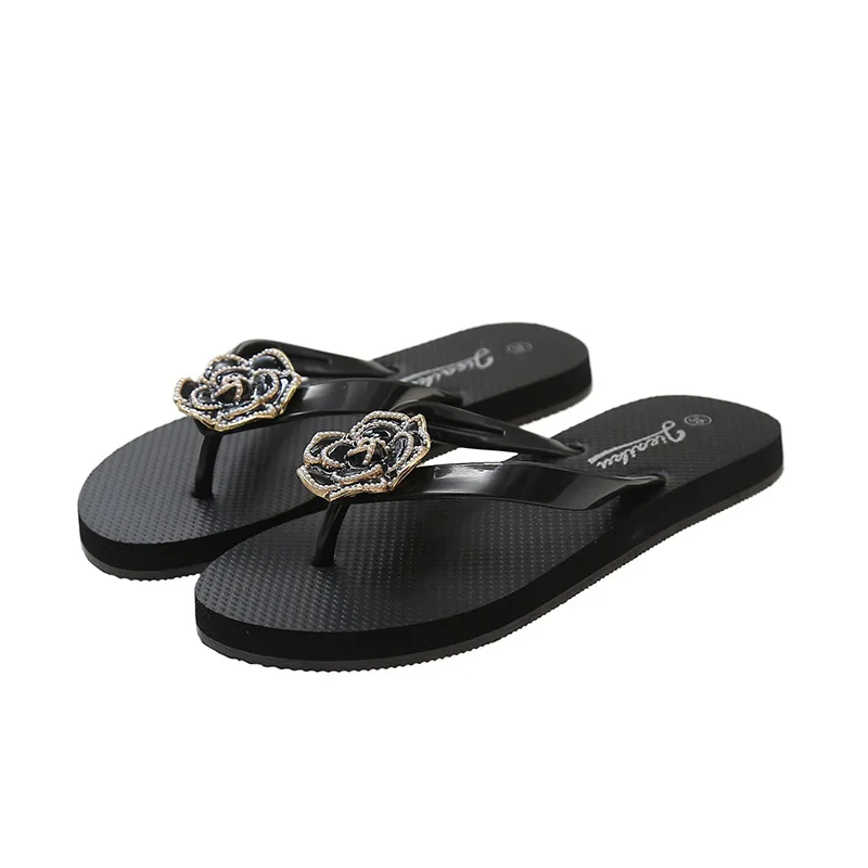 Women Camellia Flip-flops Shoes Black Flat Casual Beach Shoes 2023 Summer Peep Toe Comfort Outdoor Walking Sandal Chanclas Mujer