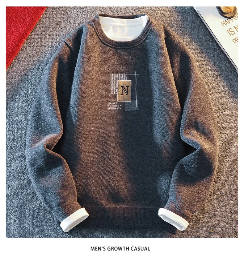 Lässiger Pullover für Herren, dicke Fleece-Pullover, gestricktes Oberteil, Kleidung, Rundhalsausschnitt, gestrickte Pullover, modische Sweatshirts – Detail 2