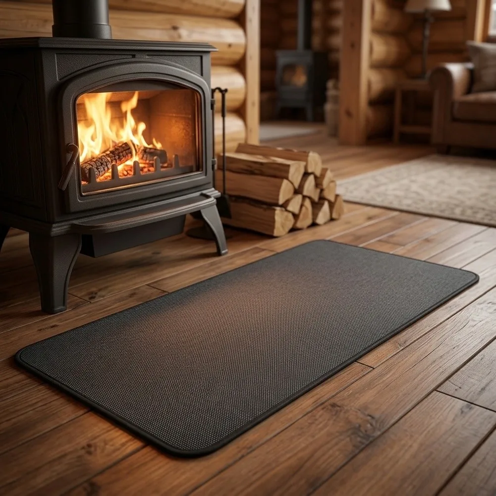 Fireplace Floor Guard Mat Made with Fiberglass Insulation Core and Silicone Coated Surfaces for Effective Spark Containment