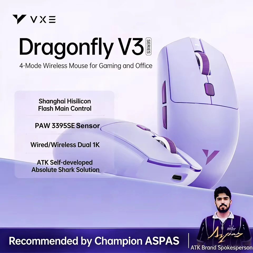 ATK VXE Dragonfly V3 PRO Bluetooth Gaming Mouse PAW3395SE 2.4G Wireless E-sports Mice Rechargeable Lightweight Ergonomic