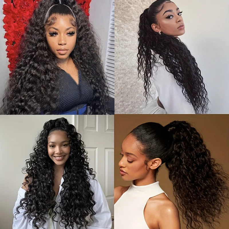 여성용 탄성 물결 드로스트링 포니테일 30인치 리얼 인모 붙임머리, 자연스러운 볼륨과 스타일을 위한 조절 가능한 스트랩 포함