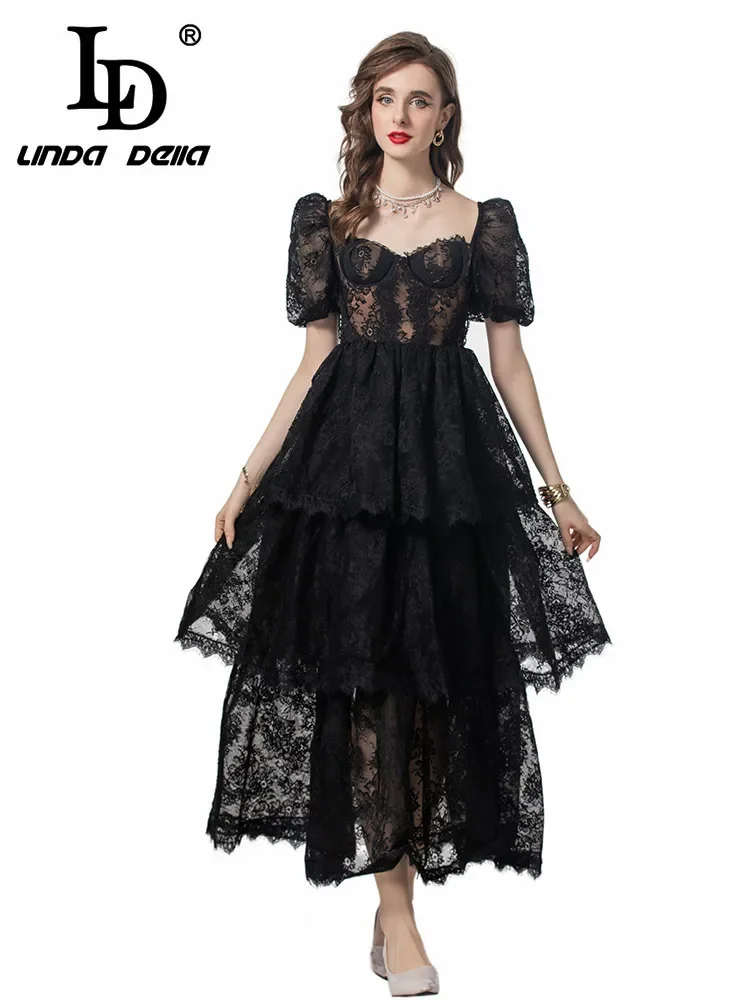 

LD LINDA DELLA Summer Runway Fashion Dress Women's Flowers Embroidery Net Yarn Temperament Lace Princess Cascading Ruffle Dress