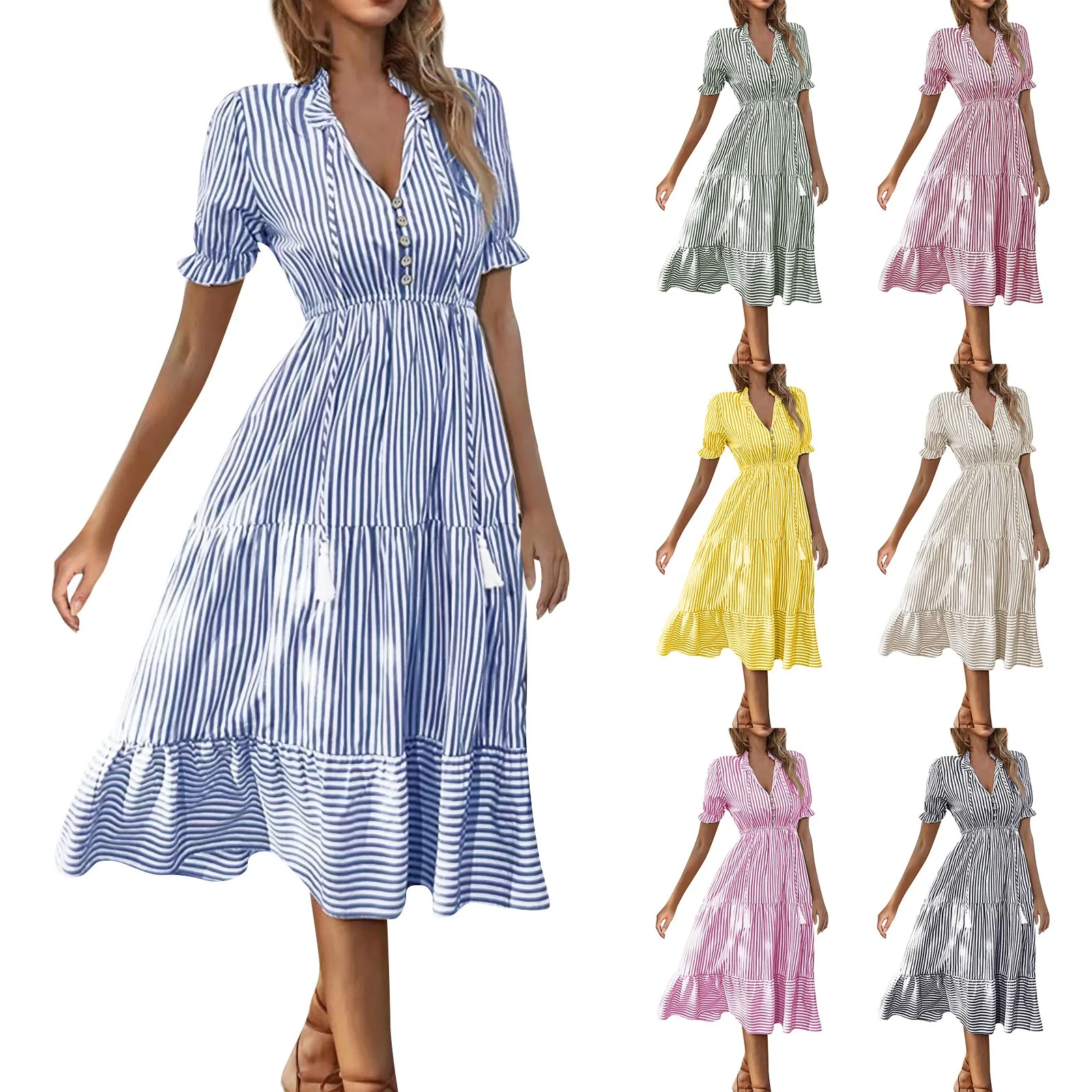 Women'S Striped V-Neck Dresses Summer New Elastic High Waist Short Sleeve Swing Dress Daily Date Vacation Matching Dress