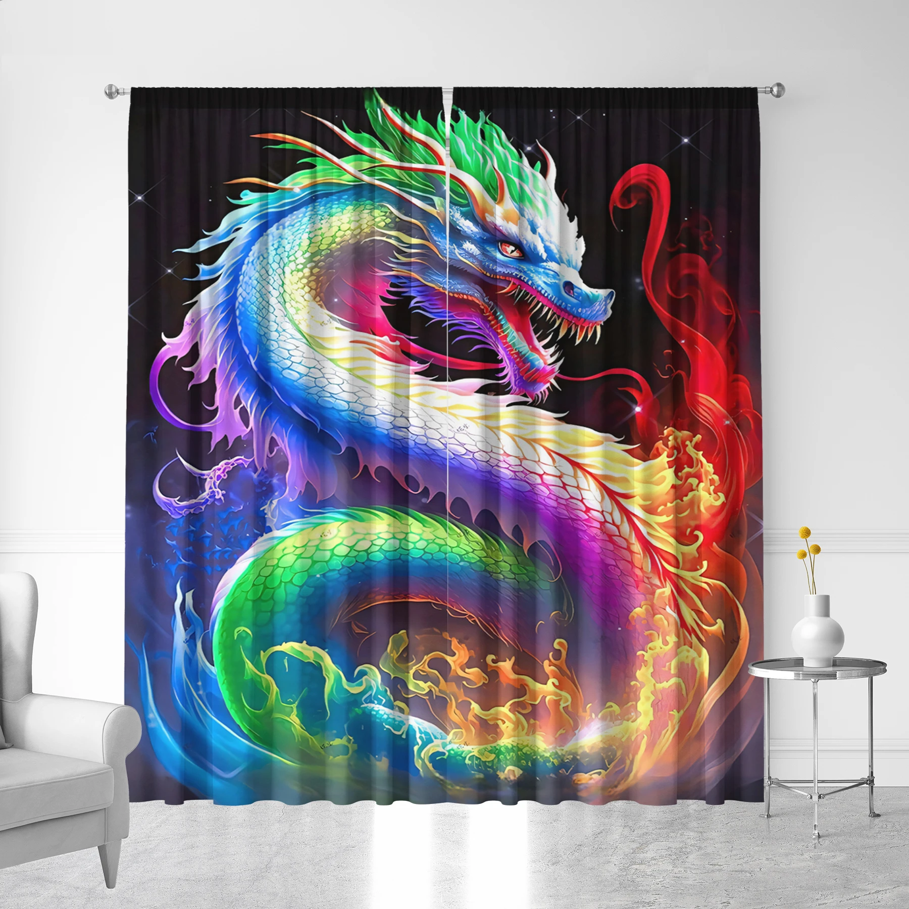 2PC Curtains, Chinese Mascot Qing Long Bai Long Yin Yang Tai Chi Style With Pole Bag Curtains, Duitable For Kitchens, Cafes Gard