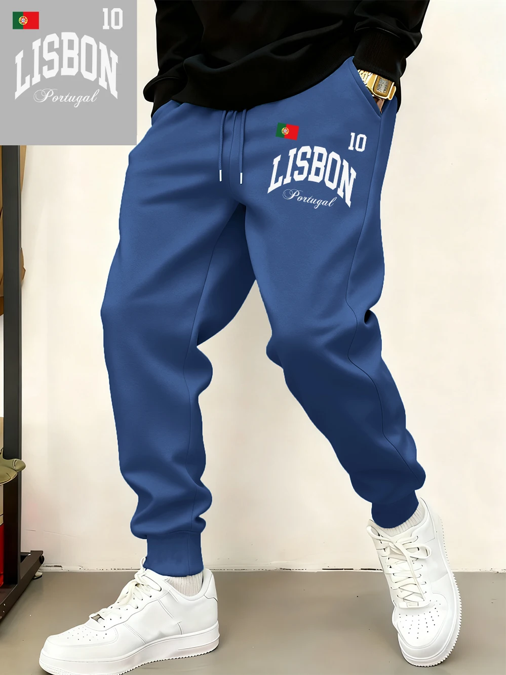 

Lisbon Portugal Flag Prints Sweatpants Mens Winter Fleece Warm Trousers Basics Loose Pocket Jogger Pants Casual Men'S Clothes