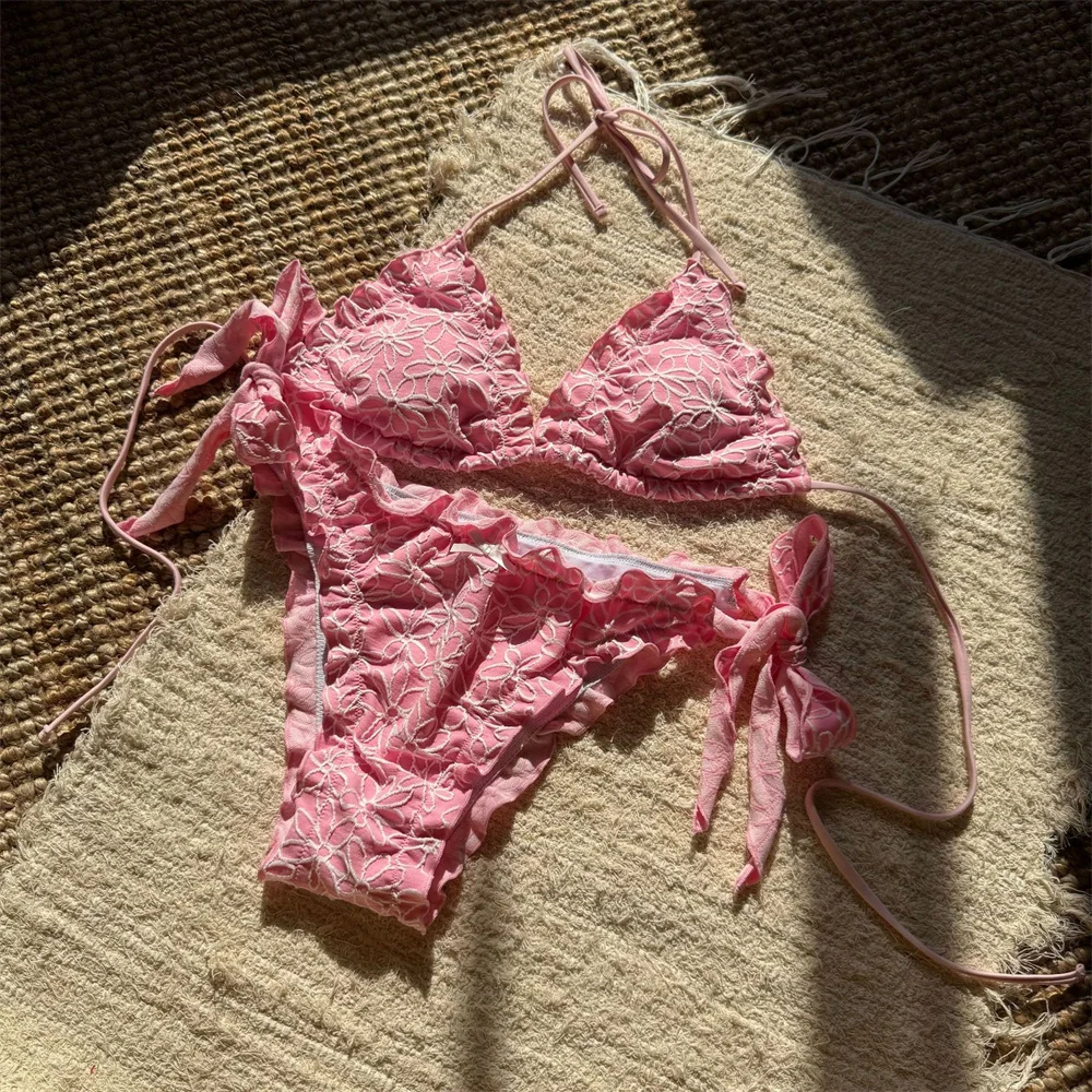 

Kawaii Ruffled Pink Bikini Flowers Swimsuit Bandage Bottom Black Beach Outfit Women Backless Vacation Swimwears Y2K Bathing Suit