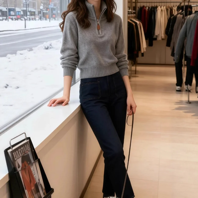 

Gray half-zip high-neck short sweater women, autumn and winter, plus sizemmSuper stylish casual versatile knit top