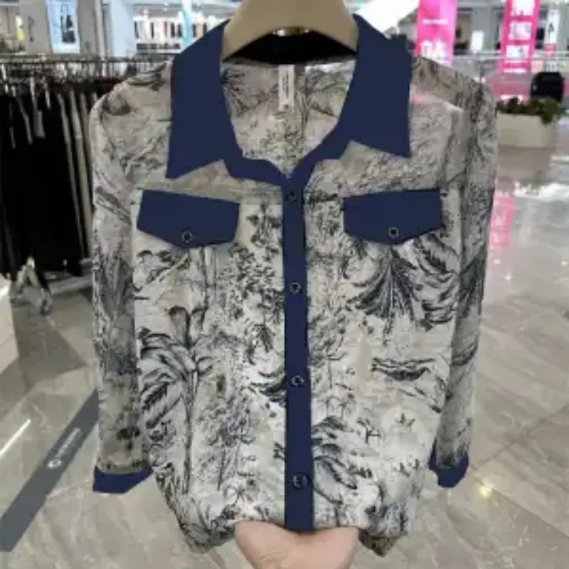 

Женская шифоновая блузка с отложным воротником и принтом для женщин среднего возраста, элегантный повседневный топ с эффектом омоложения, сине-белый