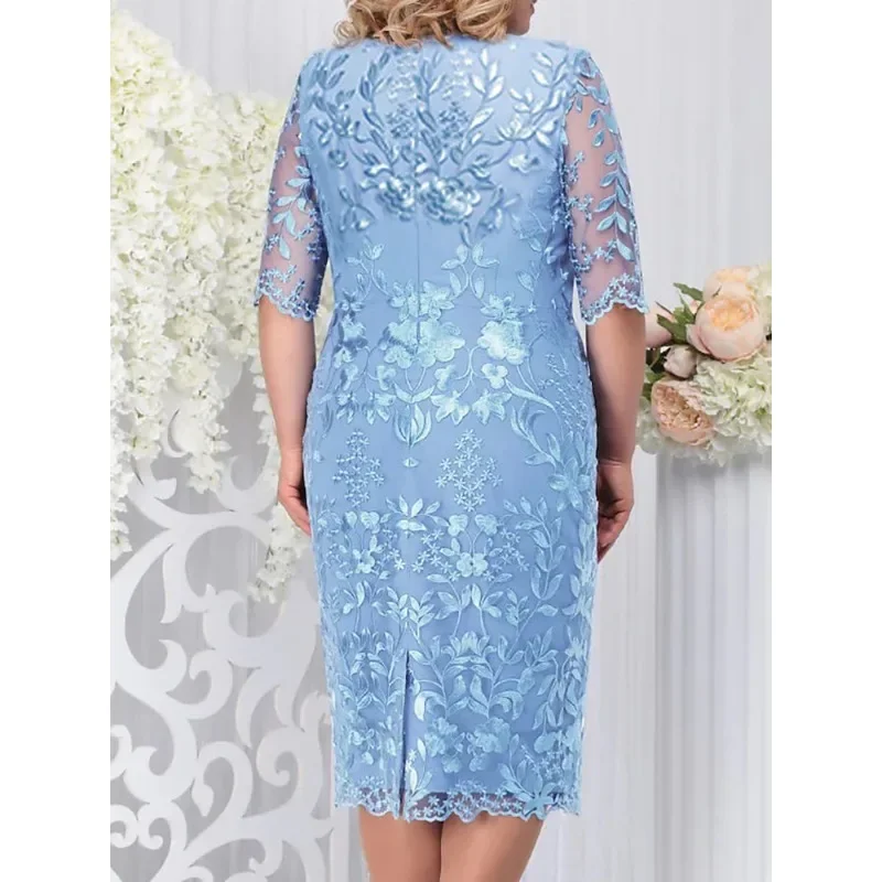 4xl 5xl Plus Size Summer Dresses for Wedding Guest Women's Short Sleeve Lace Floral Elegant Bodycon Formal Party Dresses