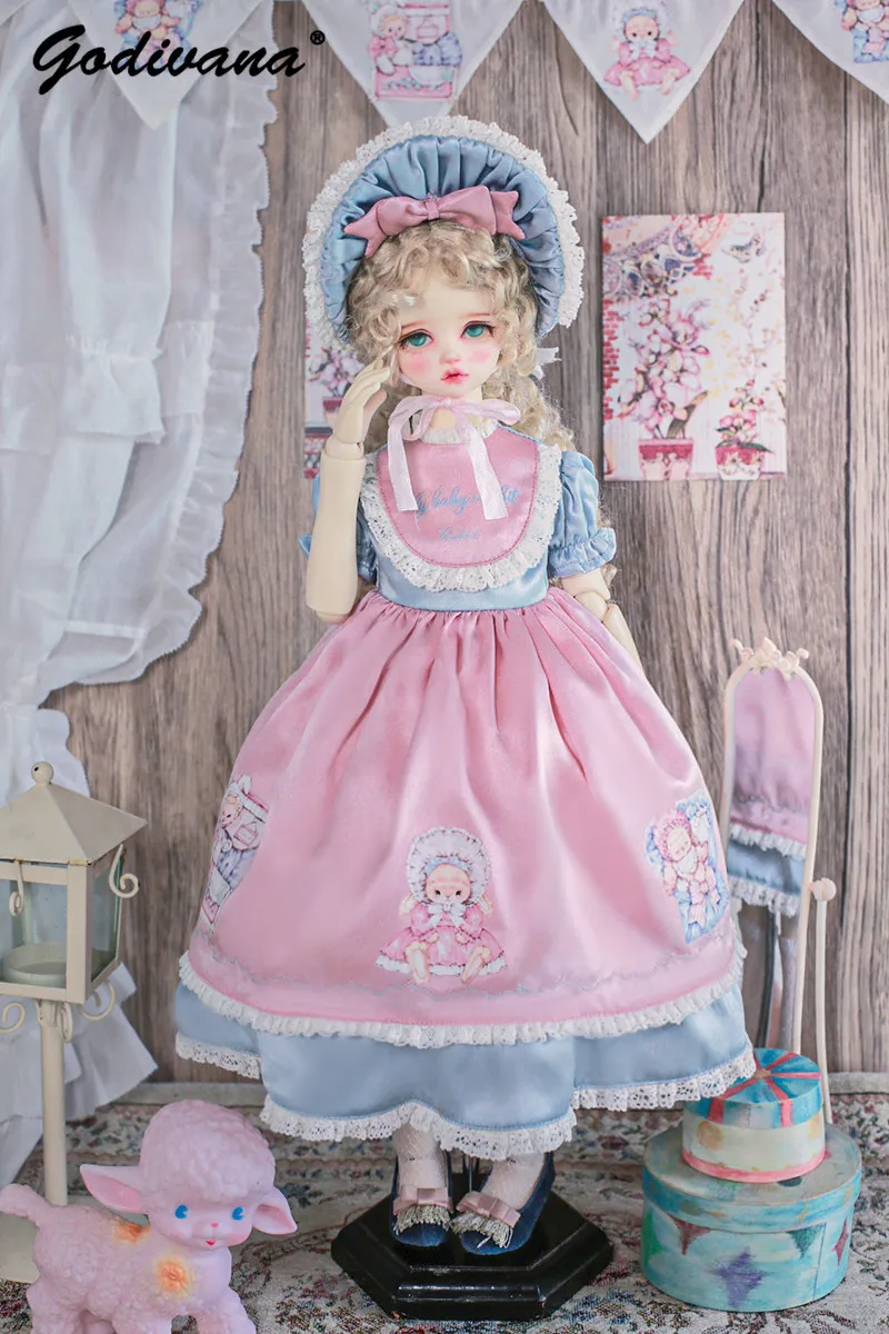 1/4 BJD Doll Sweet Print Lolita Dress Set Vintage Elegant Cartoon Embroidery Lace Trim Puff Sleeve Gown with Bonnet Hat for MDD