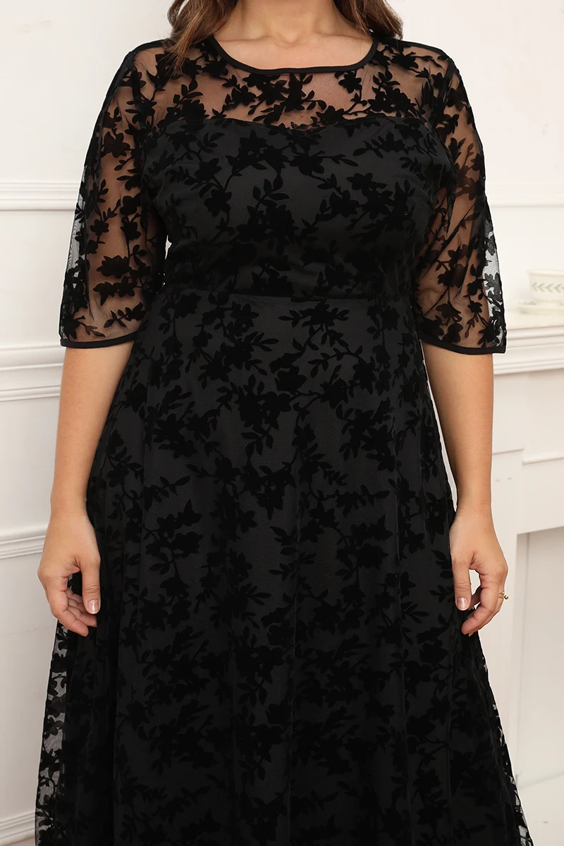 Plus Size Short Sleeve Maxi Dress Women Black Lace Flocking Mesh Velvet Double Layer Long Formal Dress Elegant Party Dress