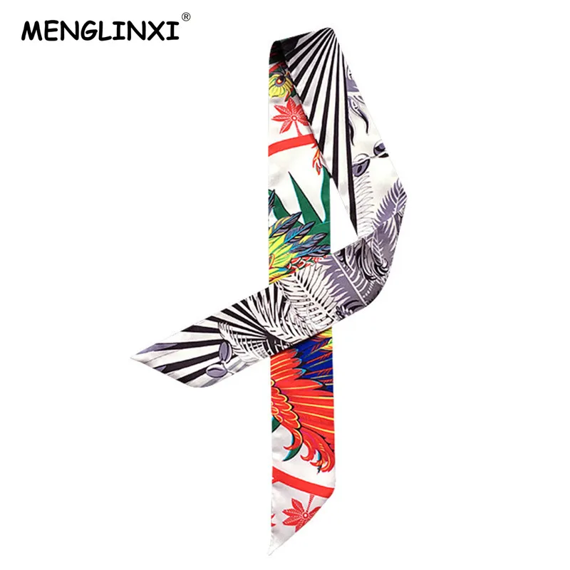 MENGLINXI Bag Ribbon Sacrf 2024 New Brand Women Small Silk Scarf Feather Print Headband Handle Bag Ribbon Fashion Long Scarves