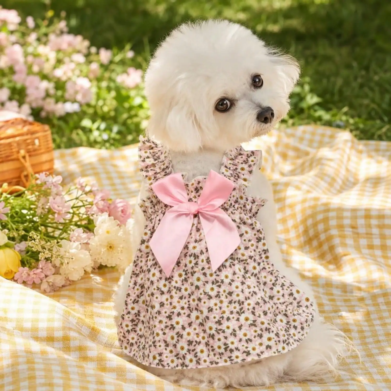 Sommerkleid für Haustiere, ärmellos, mit Blumenmuster, Rüschenriemen, großer Schleife als Dekoration für kleine Hunde, für den täglichen Gebrauch und Partys. – Detail 38