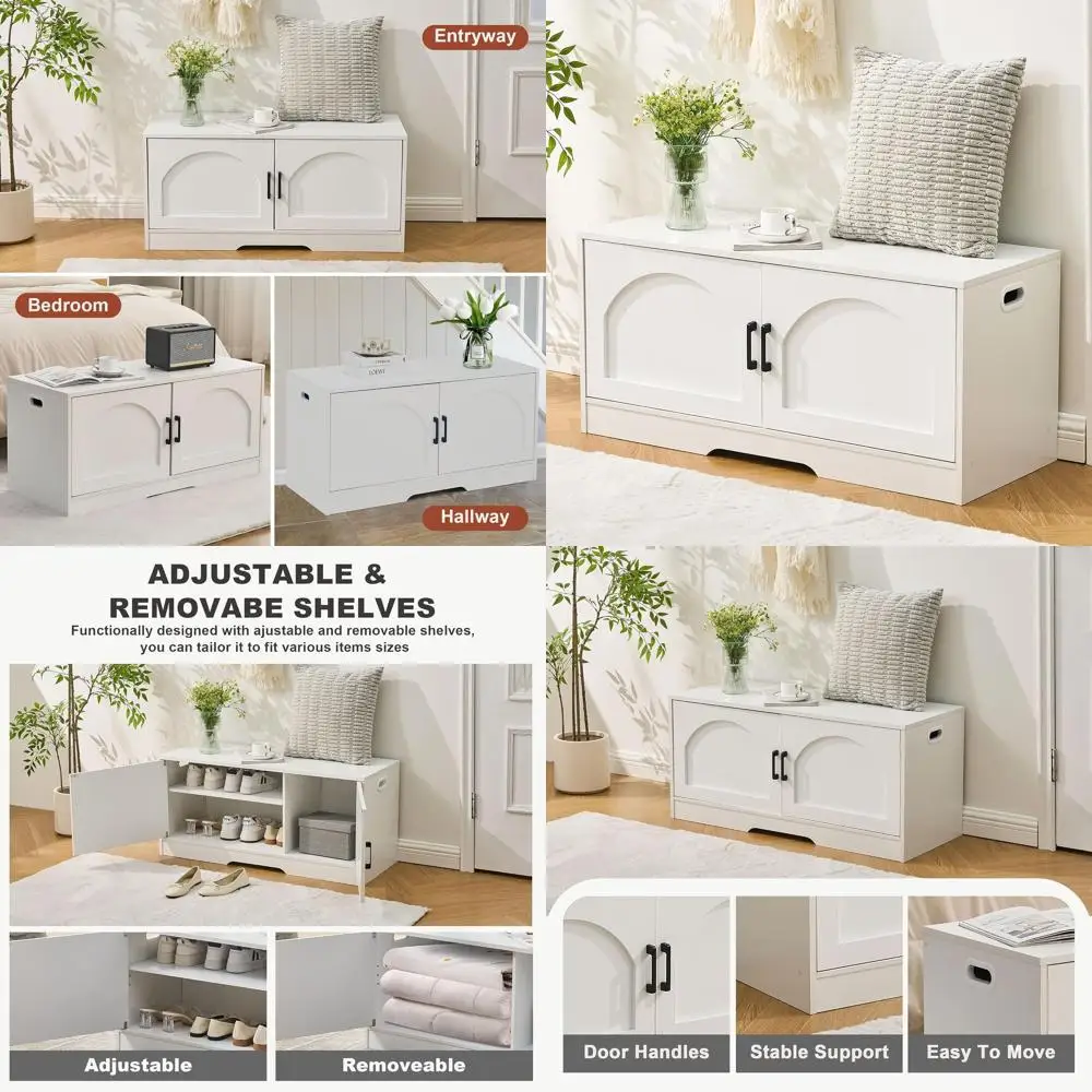 مقعد أحذية أبيض للتخزين مع بابين، أرفف قابلة للتعديل، 31.5 عرض × 13.8 عمق × 18.1 ارتفاع للمدخل، غرفة المعيشة، المدخل، غرفة الطين، Be #1