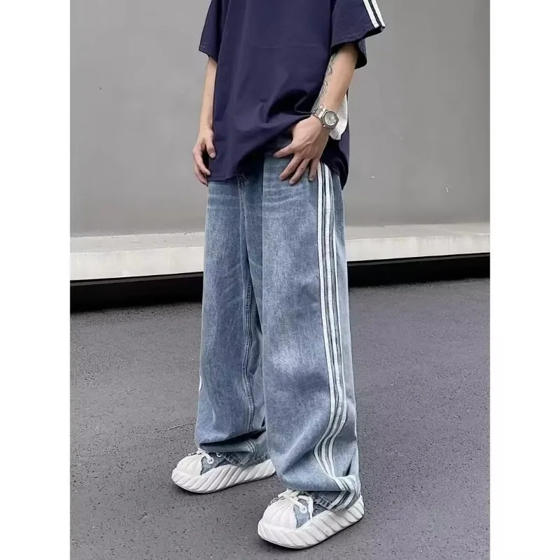 Y2k Harajuku Street-pantalones vaqueros desgastados a rayas para hombre y mujer, Pantalón recto informal de moda coreana, pantalones vaqueros holgados simples clásicos