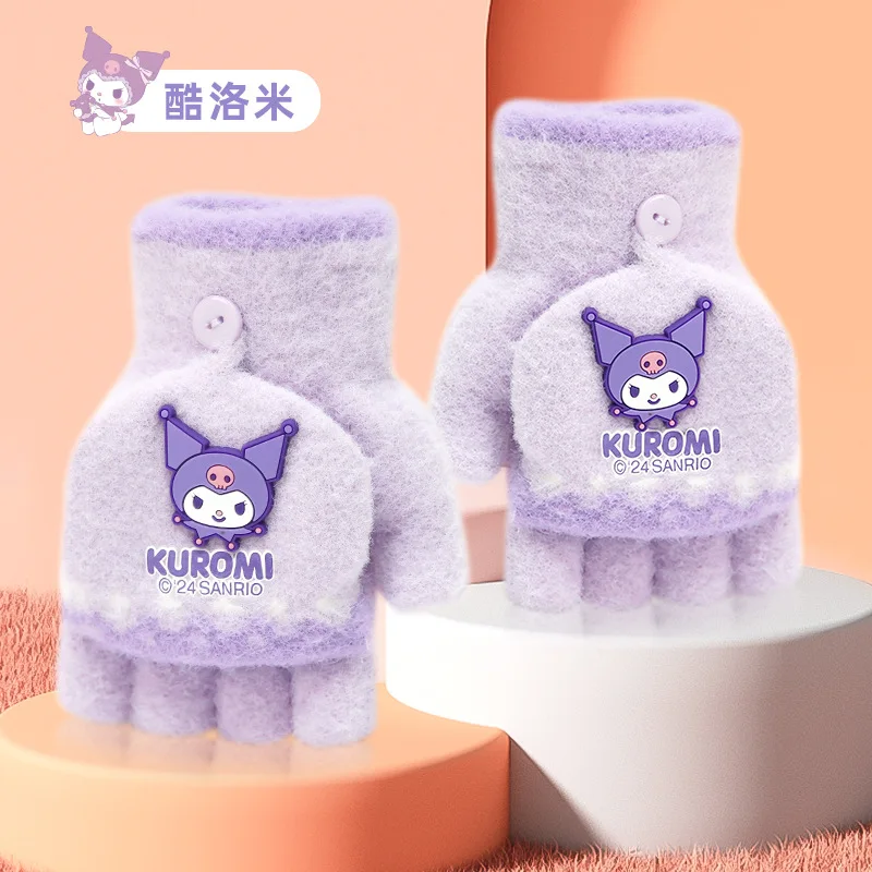 Sanrio children's knitted hand autumn and winter new kuromi elementary school girls wool flip gloves hello kitty warm gloves