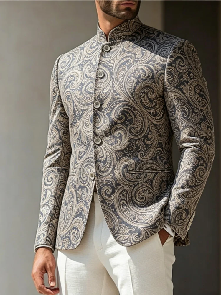 Mens Mandarin Collar Slim Fit Jacket Paisley Print Retro Baroquemenswear Party Wear Blazer