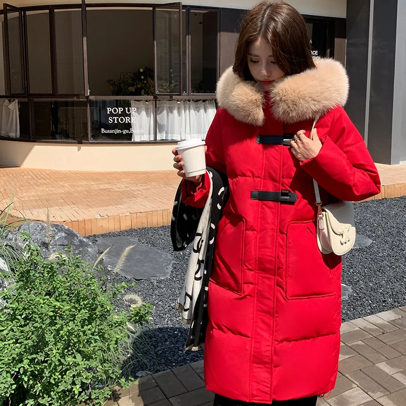 Chaqueta de plumón con hebilla de cuero de una sola fila para mujer, longitud media hasta la rodilla, cuello de piel de zorro, abrigo de invierno