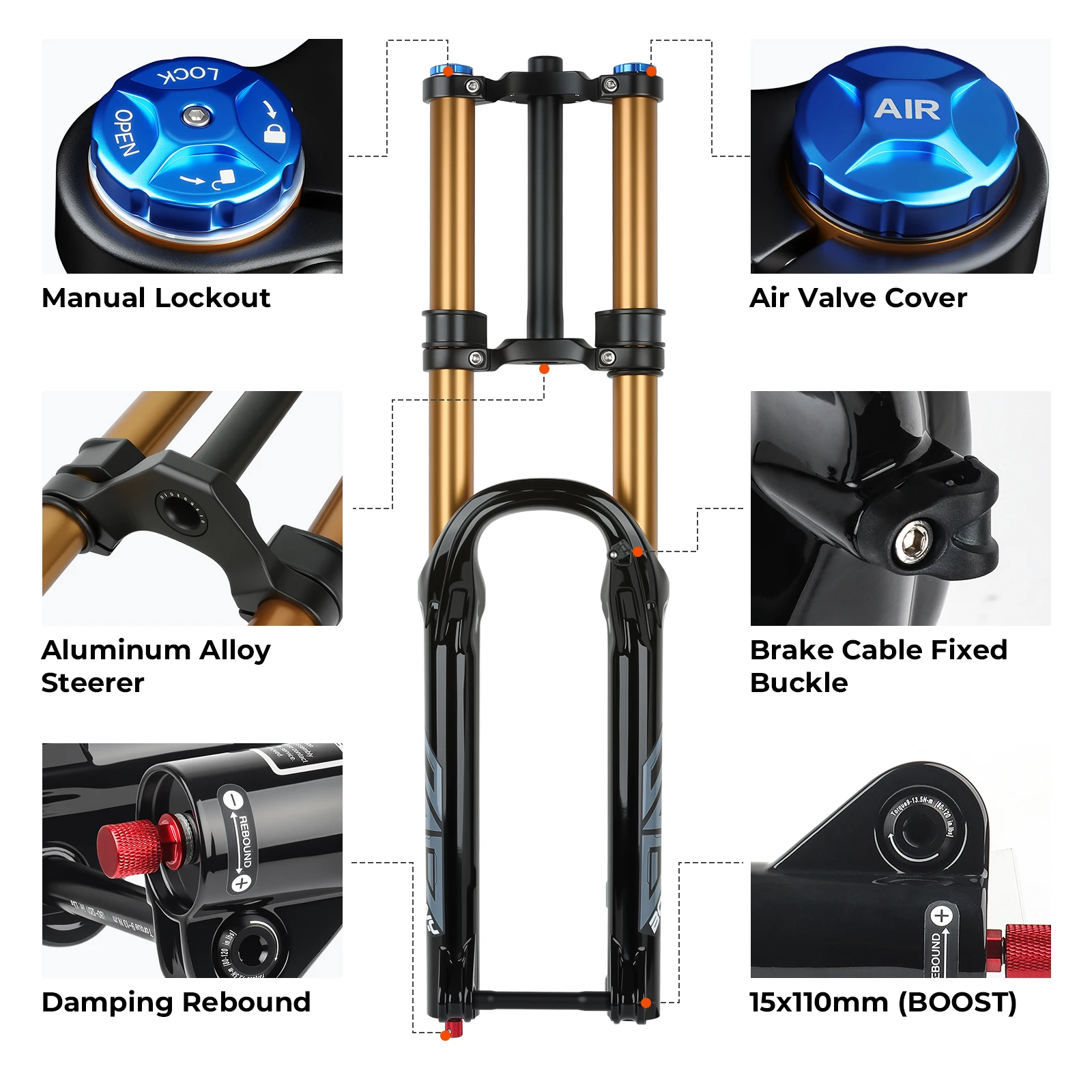 BOLANY Downhill Double Crown MTB Air Fork 36mm Tube 180mm Travel Air Oil Suspension Bike Fork 29 Damping Rebound Adjustable Fork